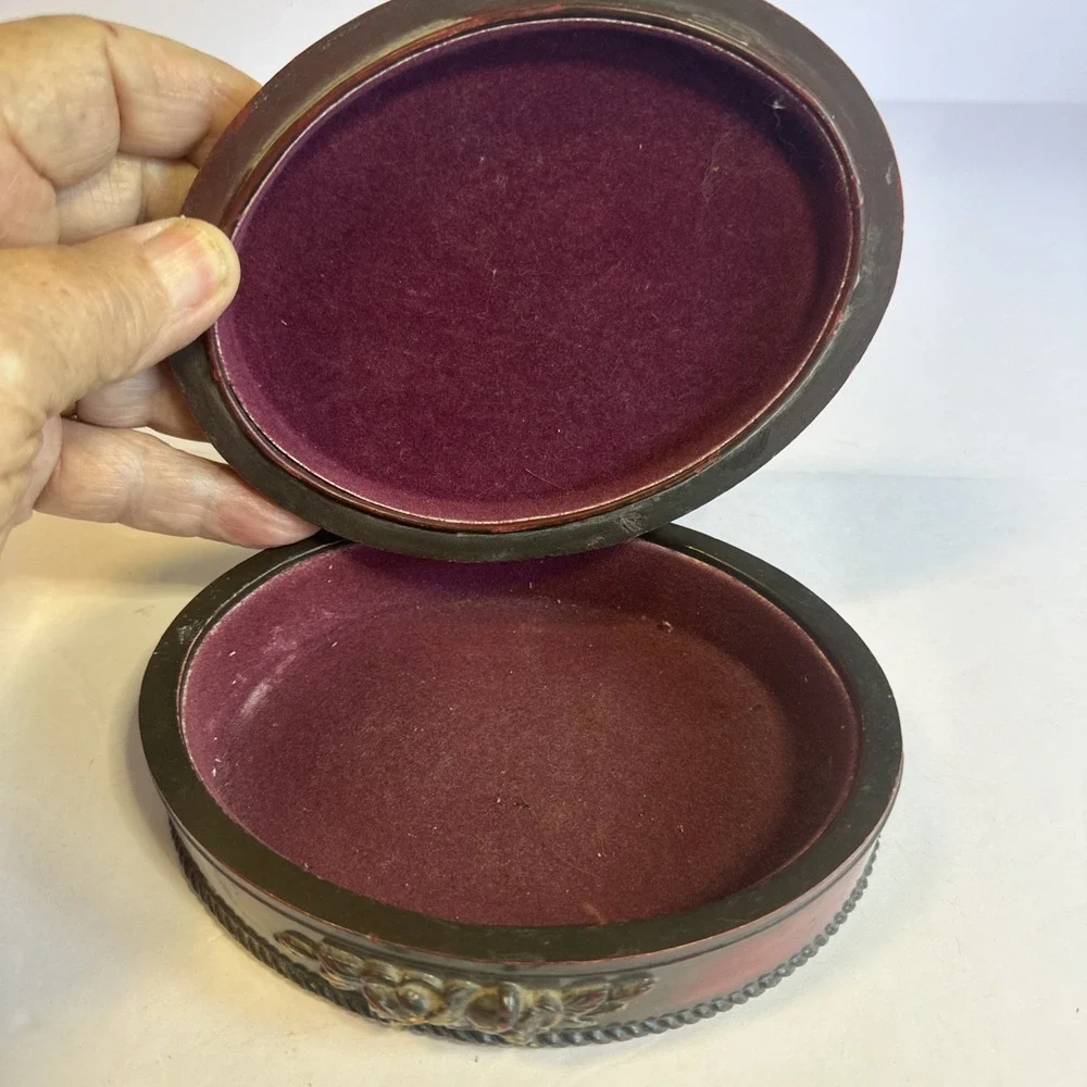 Vintage Burgundy Resin Oval Trinket Box Red Gold W/ Sculpted Floral Decorations